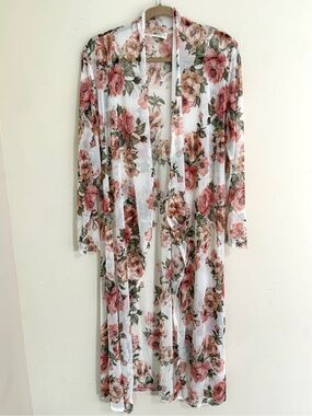 OBJEX Women’s Floral Mesh Duster Cardigan Long Open Front Sheer Boho 2X